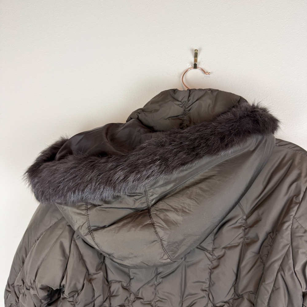 Nine West Brown Quilted Down Jacket Coat Rabbit‎ Fur Trim Hooded Size Medium - Picture 9 of 15